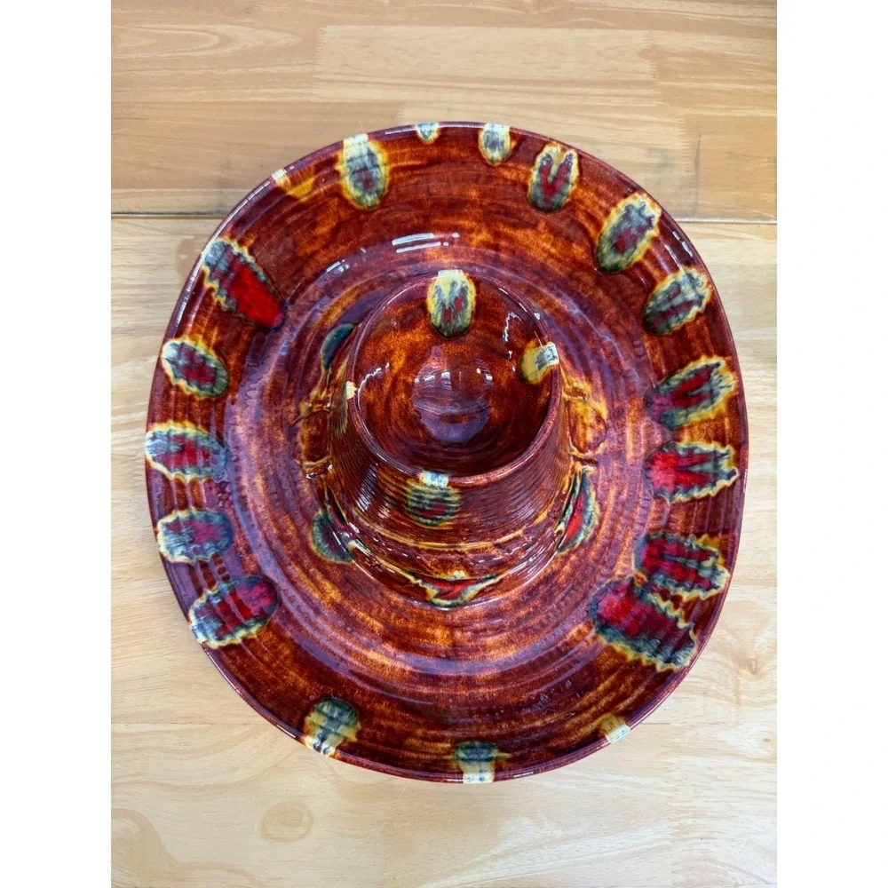 Vintage Ceramic Glazed Sombrero Hat Chip‎ & Dip Platter Bowl